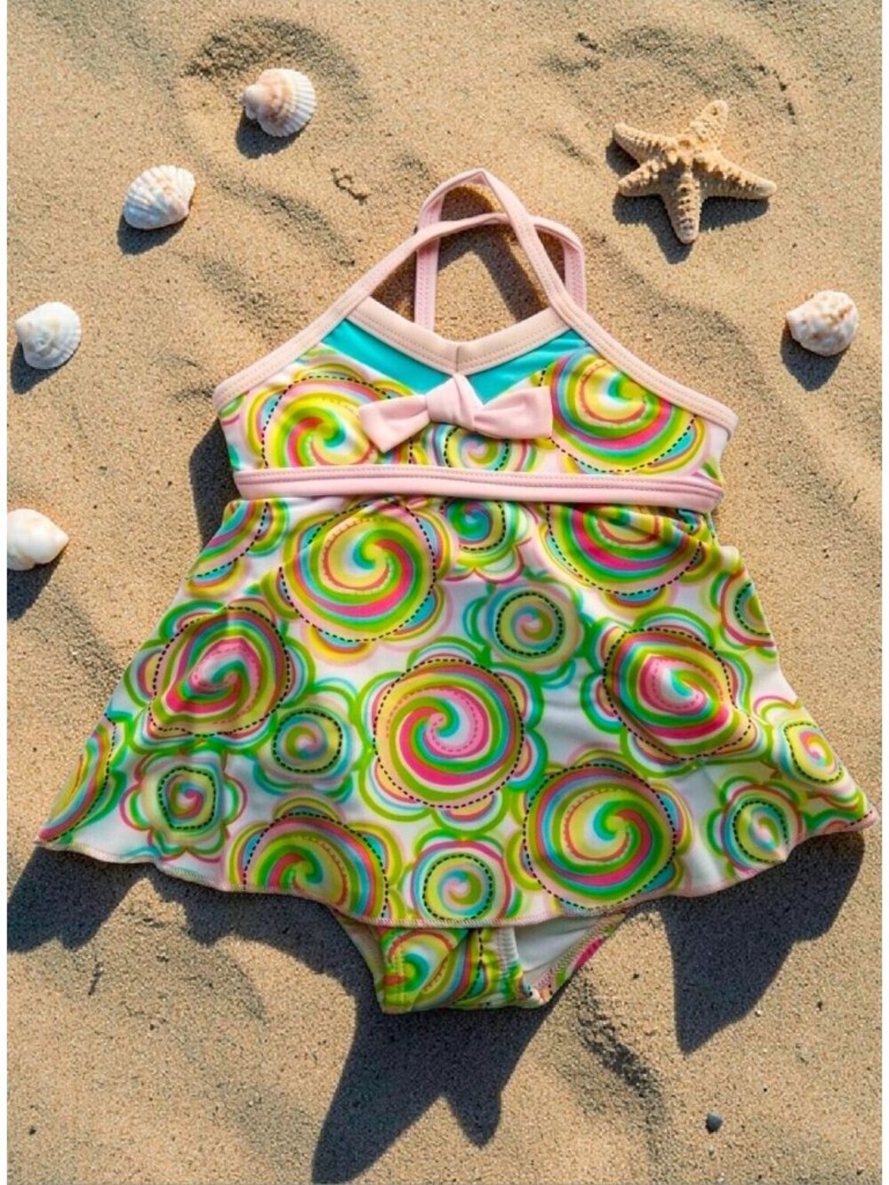 Baby Girls Swirl Patterned One-Piece Swimsuit With Bow Accent & Skirt Overlay